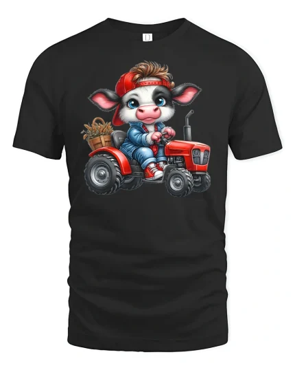 Cute Farmer Cow Riding Red Tractor Funny Graphic Tee - black t-shirt on white background