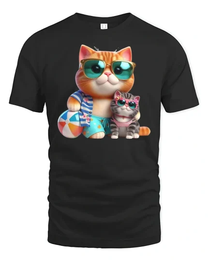 Cool Beach Cats Summer Vibes Funny Graphic Tee - black t-shirt on white background