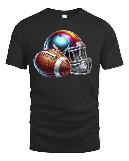 American Football Helmet and Ball Sports Graphic Tee - black t-shirt on white background