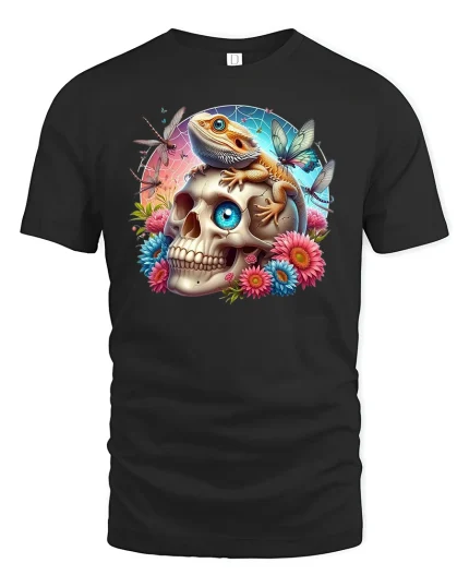 Lizard on Skull Floral Fantasy Art Graphic Tee - black t-shirt on white background