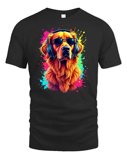Cool Golden Retriever Dog Headphones Graphic Tee - black t-shirt on white background