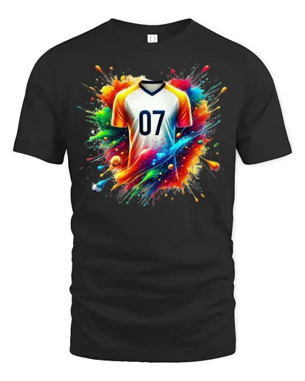 Number 07 Soccer Jersey Splash Art Sports Graphic Tee - black t-shirt on white background