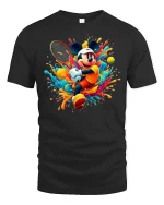Funny Cartoon Tennis Player Splash Art Graphic Tee - black t-shirt on white background