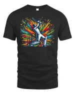 Vibrant Cricket Batsman Explosion Art Graphic Tee - black t-shirt on white background