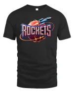 Retro Rocket Planet Blast Graphic Tee for Space Fans - black t-shirt on white background