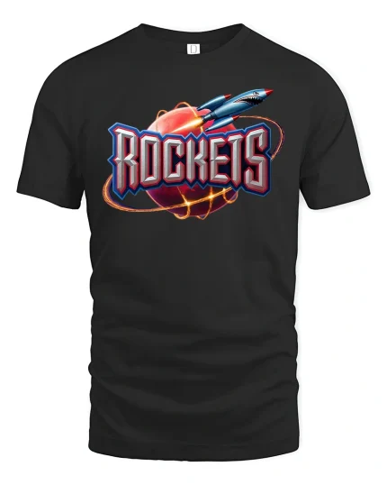 Retro Rocket Planet Blast Graphic Tee for Space Fans - black t-shirt on white background