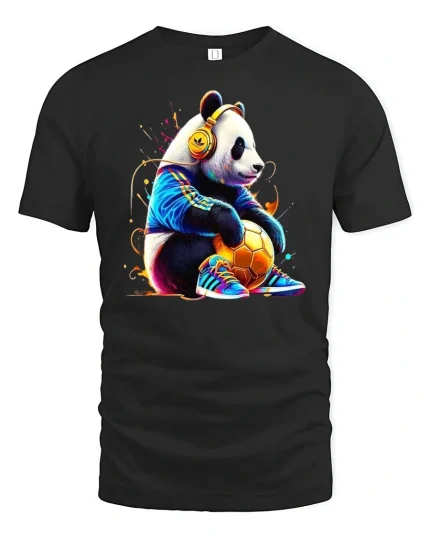 Cool Panda Soccer Headphones Street Art Graphic Tee - black t-shirt on white background