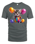 Cute Kitten with Balloons Rainbow Outfit Graphic Tee - gray t-shirt on white background