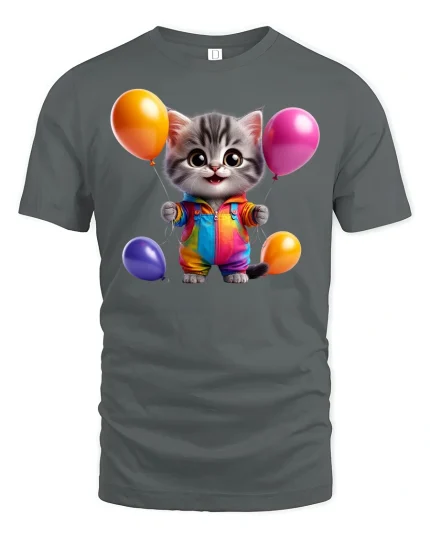 Cute Kitten with Balloons Rainbow Outfit Graphic Tee - gray t-shirt on white background
