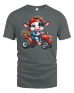 Cute Farmer Cow Riding Red Tractor Funny Graphic Tee - gray t-shirt on white background