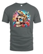 Lizard on Skull Floral Fantasy Art Graphic Tee - gray t-shirt on white background