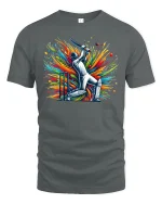 Vibrant Cricket Batsman Explosion Art Graphic Tee - gray t-shirt on white background