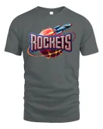 Retro Rocket Planet Blast Graphic Tee for Space Fans - gray t-shirt on white background