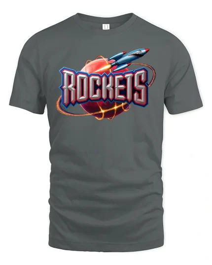 Retro Rocket Planet Blast Graphic Tee for Space Fans - gray t-shirt on white background