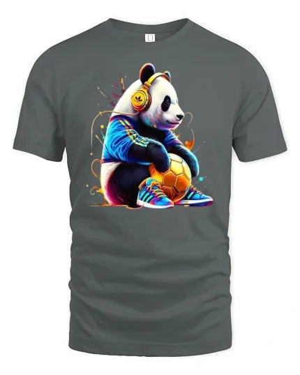 Cool Panda Soccer Headphones Street Art Graphic Tee - gray t-shirt on white background
