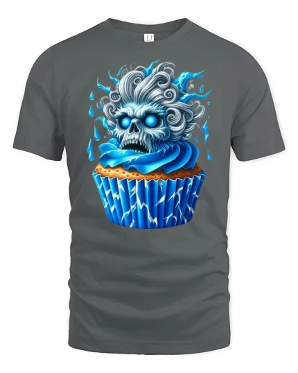 Blue Skull Cupcake Horror Art Funny Graphic Tee - gray t-shirt on white background
