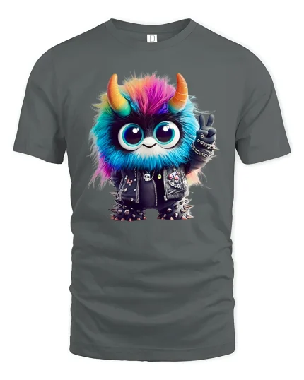 Cute Punk Monster Peace Sign Colorful Graphic Tee - gray t-shirt on white background
