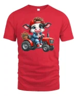 Cute Farmer Cow Riding Red Tractor Funny Graphic Tee - red t-shirt on white background
