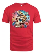 Lizard on Skull Floral Fantasy Art Graphic Tee - red t-shirt on white background
