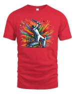 Vibrant Cricket Batsman Explosion Art Graphic Tee - red t-shirt on white background