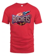 Retro Rocket Planet Blast Graphic Tee for Space Fans - red t-shirt on white background