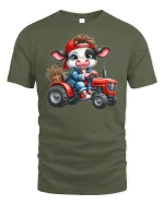 Cute Farmer Cow Riding Red Tractor Funny Graphic Tee - military green t-shirt on white background
