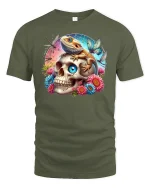 Lizard on Skull Floral Fantasy Art Graphic Tee - military green t-shirt on white background