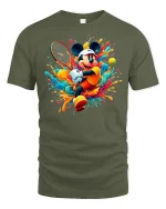 Funny Cartoon Tennis Player Splash Art Graphic Tee - military green t-shirt on white background