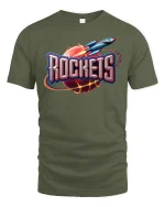 Retro Rocket Planet Blast Graphic Tee for Space Fans - military green t-shirt on white background