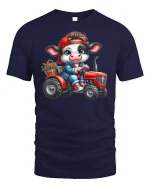 Cute Farmer Cow Riding Red Tractor Funny Graphic Tee - navy t-shirt on white background