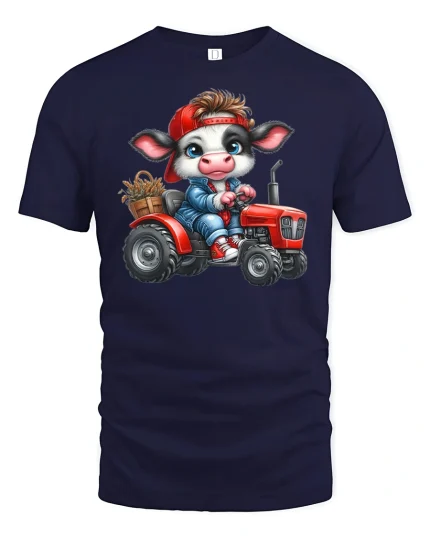 Cute Farmer Cow Riding Red Tractor Funny Graphic Tee - navy t-shirt on white background