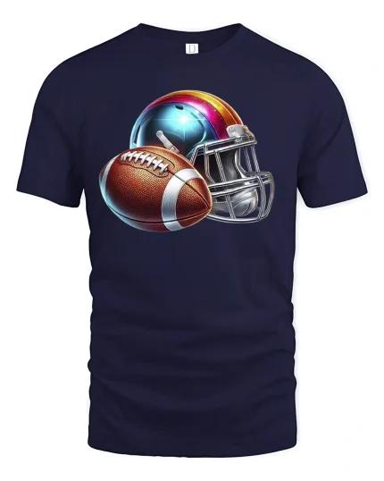 American Football Helmet and Ball Sports Graphic Tee - navy t-shirt on white background