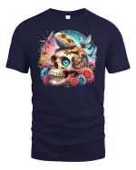 Lizard on Skull Floral Fantasy Art Graphic Tee - navy t-shirt on white background