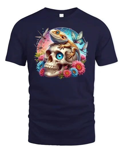 Lizard on Skull Floral Fantasy Art Graphic Tee - navy t-shirt on white background