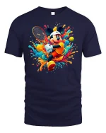 Funny Cartoon Tennis Player Splash Art Graphic Tee - navy t-shirt on white background