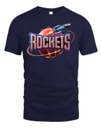 Retro Rocket Planet Blast Graphic Tee for Space Fans - navy t-shirt on white background