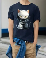 Yin Yang Angry Cats Funny Graphic Tee for Cat Lovers - model wearing navy tee with hands in pockets
