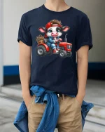 Cute Farmer Cow Riding Red Tractor Funny Graphic Tee - model wearing navy tee with hands in pockets