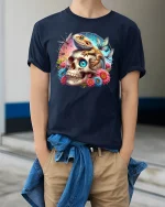 Lizard on Skull Floral Fantasy Art Graphic Tee - model wearing navy tee with hands in pockets