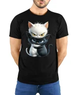 Yin Yang Angry Cats Funny Graphic Tee for Cat Lovers - model wearing black tee with hands behind back
