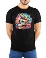 Lizard on Skull Floral Fantasy Art Graphic Tee - model wearing black tee with hands behind back