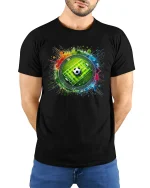 Color Splash Soccer Field and Ball Sports Graphic Tee - model wearing black tee with hands behind back
