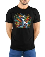 Vibrant Cricket Batsman Explosion Art Graphic Tee - model wearing black tee with hands behind back