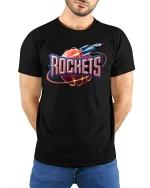 Retro Rocket Planet Blast Graphic Tee for Space Fans - model wearing black tee with hands behind back