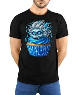 Blue Skull Cupcake Horror Art Funny Graphic Tee - model wearing black tee with hands behind back
