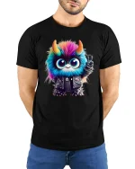 Cute Punk Monster Peace Sign Colorful Graphic Tee - model wearing black tee with hands behind back