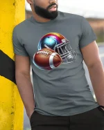 American Football Helmet and Ball Sports Graphic Tee - model wearing navy t-shirt, white background, hands in pockets