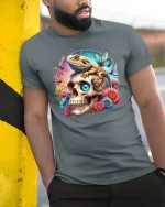 Lizard on Skull Floral Fantasy Art Graphic Tee - model wearing grey tee, leaning on column