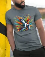 Vibrant Cricket Batsman Explosion Art Graphic Tee - model wearing grey tee, leaning on column