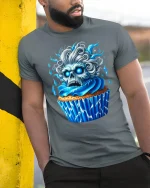 Blue Skull Cupcake Horror Art Funny Graphic Tee - model wearing grey tee, leaning on column